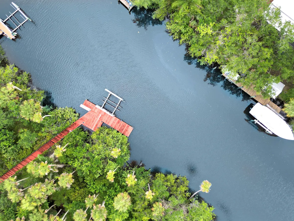 Dock overhead aerial at 299 SW Lost River Road, Stuart