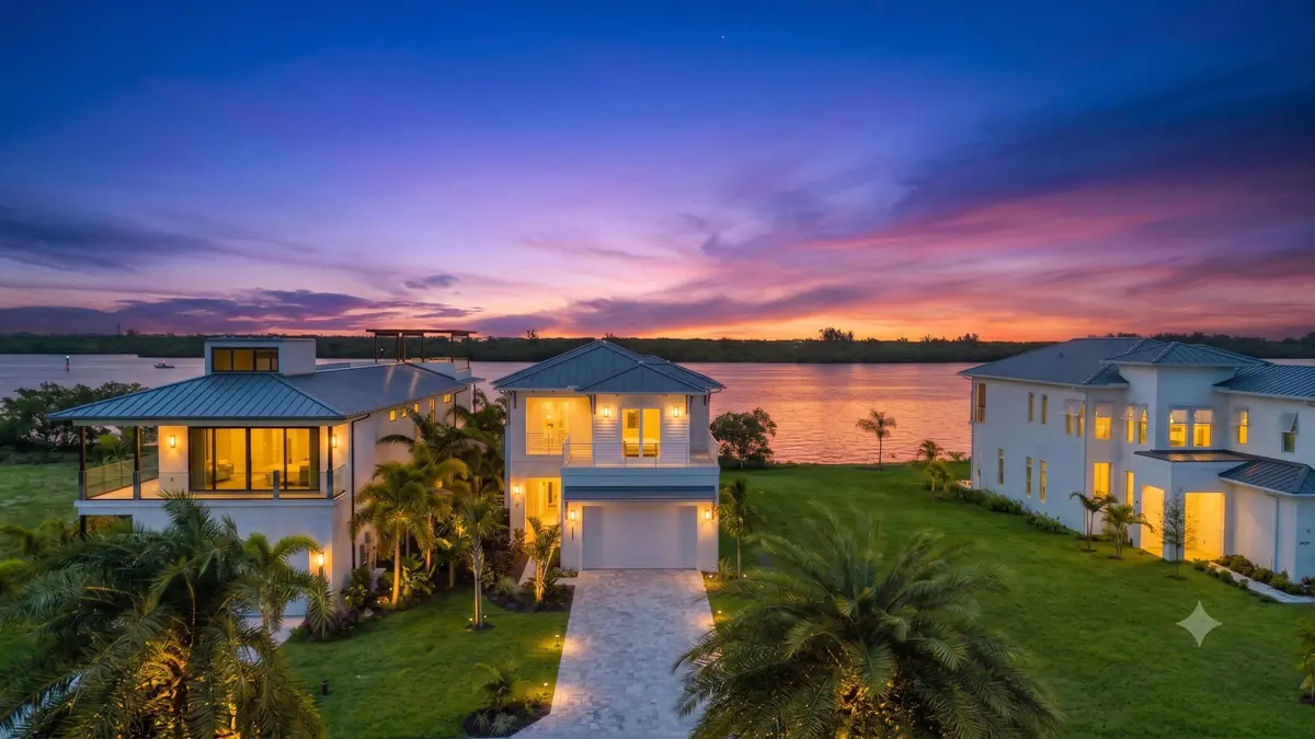 Front aerial sunset at 4842 S Harbor Drive, Vero Beach