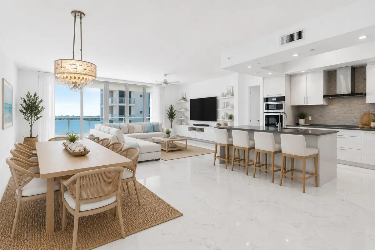 Virtually staged dining/living at 1 Water Club Way 604, North Palm Beach