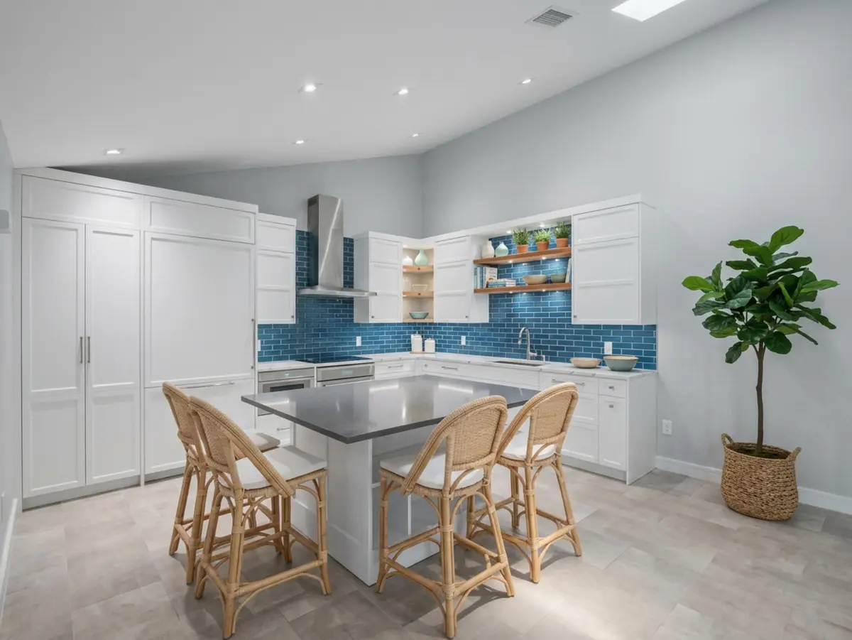 Beach Wicker Kitchen Island Staging at 5385 Eagle Lake Drive, Palm Beach Gardens