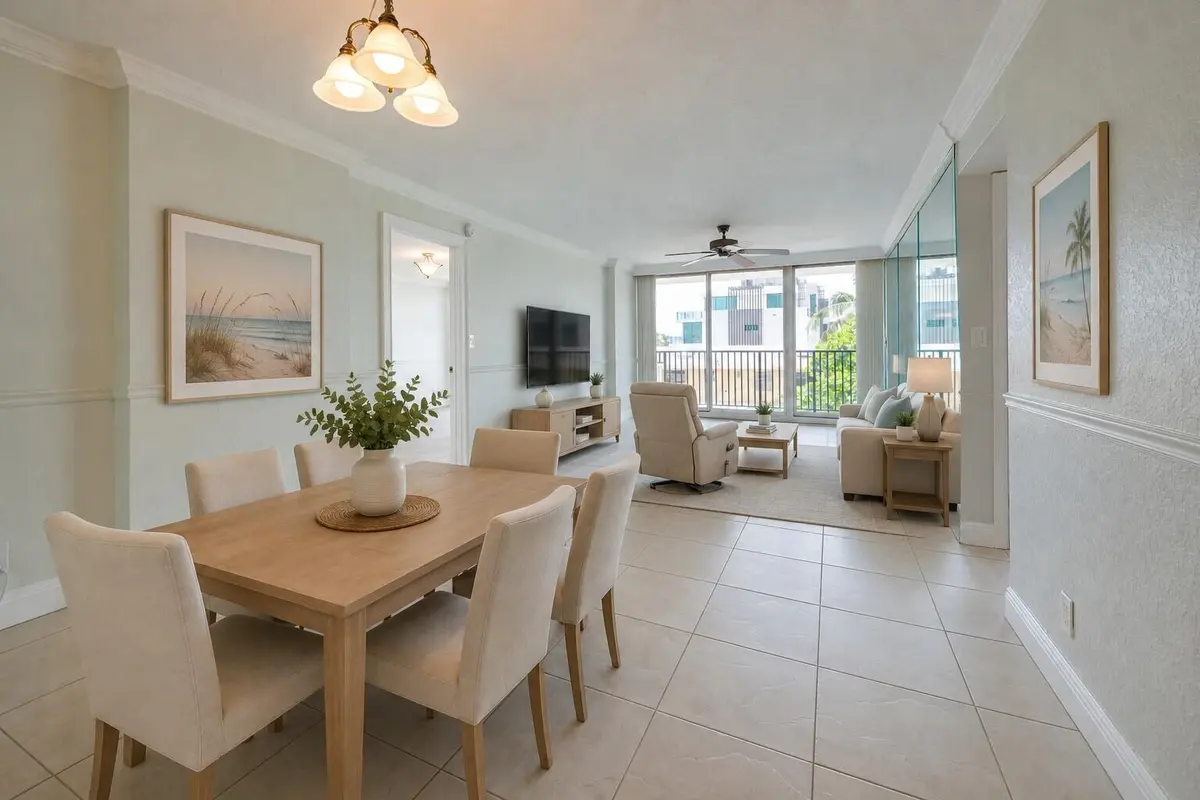 Living Dining from entrance virtually st at 525 N Ocean Boulevard 423, Pompano Beach
