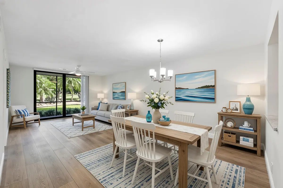 AI Staged Living-Dining Area at 2400 Deer Creek Country Club  Boulevard 102-1, Deerfield Beach