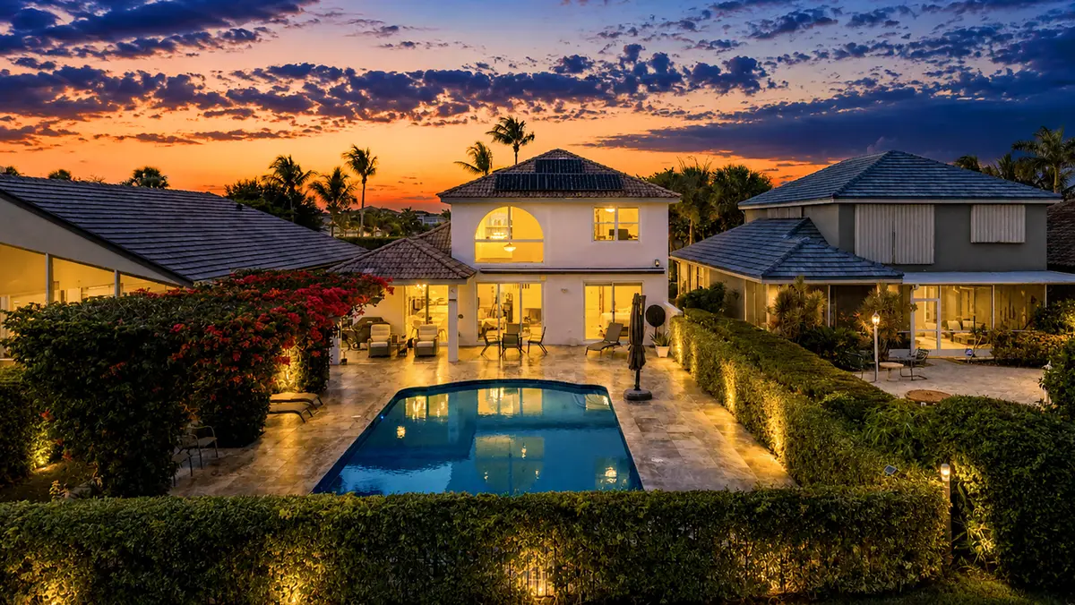 Twilight Aerial Pool View at 7634 MONARCH Court, Delray Beach
