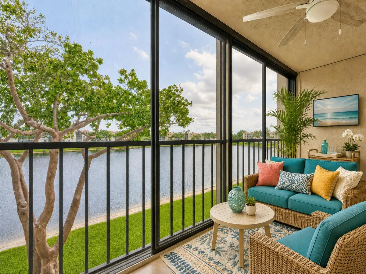 Virtually staged patio at 6193 Pointe Regal Circle 306, Delray Beach