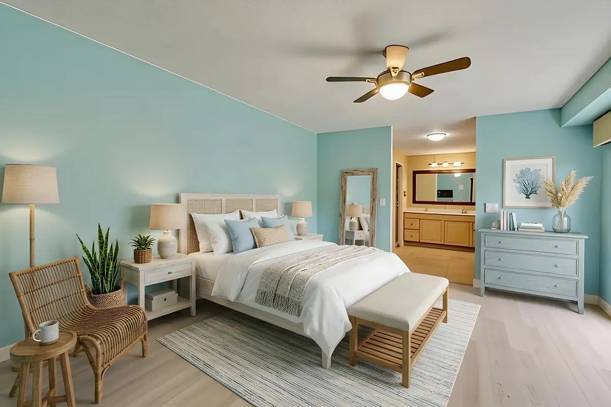 Master bedroom virtually staged at 1901 19th Lane, Palm Beach Gardens