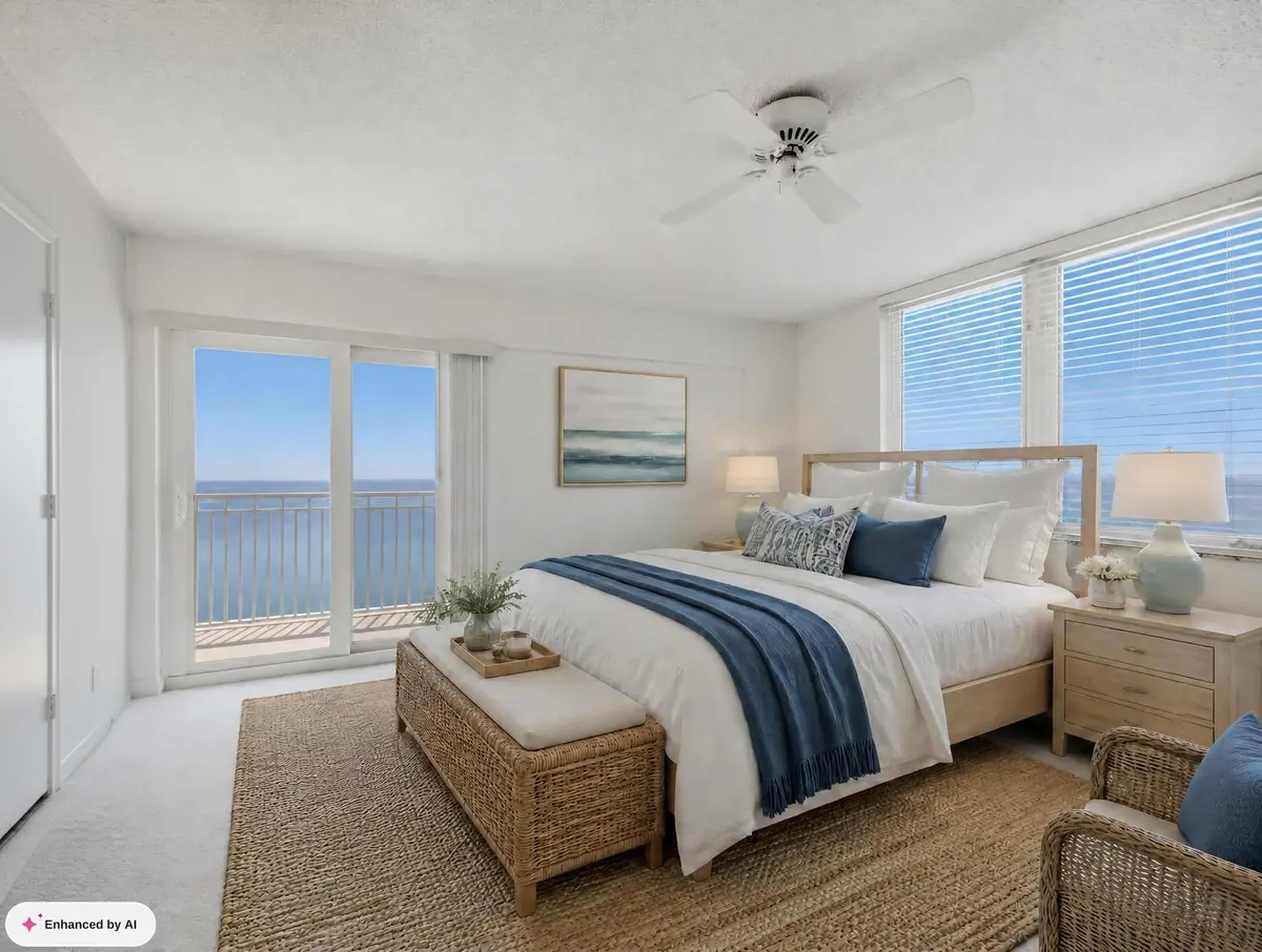Primary Bedroom Staged at 3215 S Ocean Boulevard 911, Highland Beach