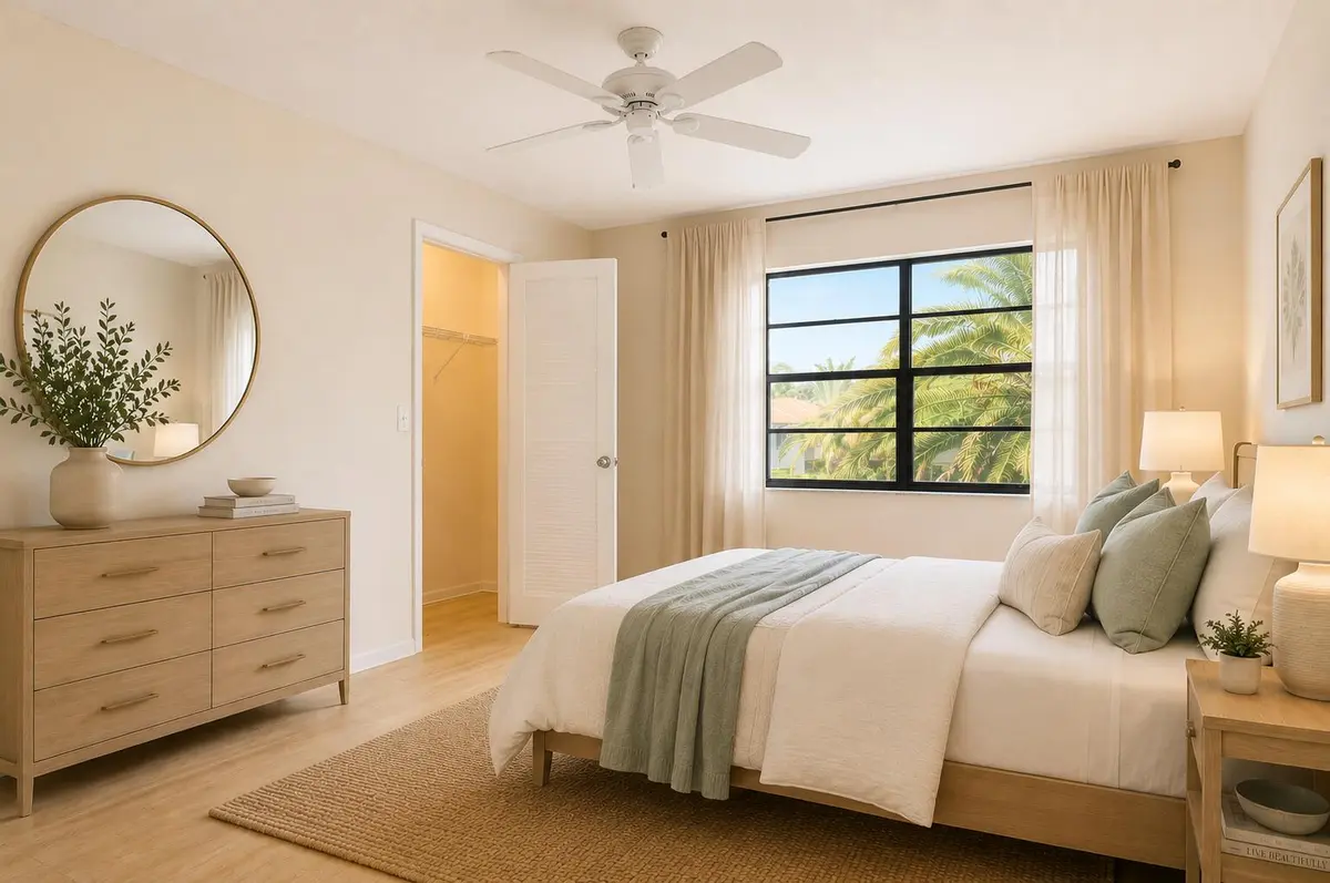 Virtually Staged Master Bedroom AI at 9307 Vista Del Lago 17B, Boca Raton