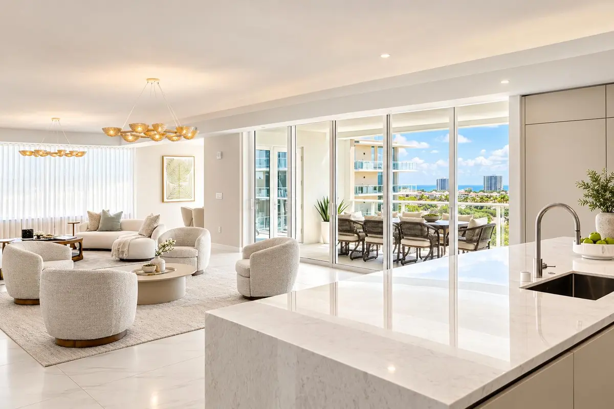 Grand Living Room & Kitchen at 220 SE MIZNER Boulevard 803, Boca Raton