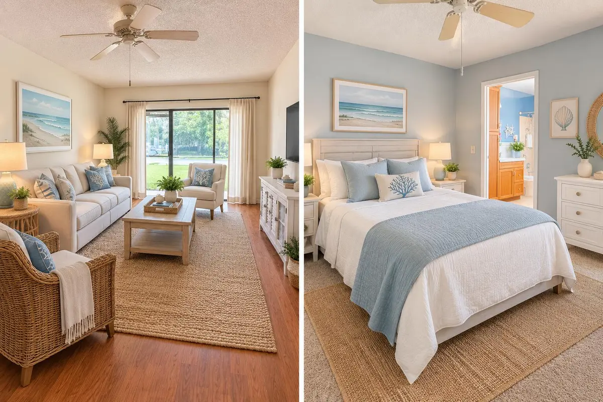 Virtually staged living room and bedroom at 1901 NE COLLINS Circle 9-10, Jensen Beach