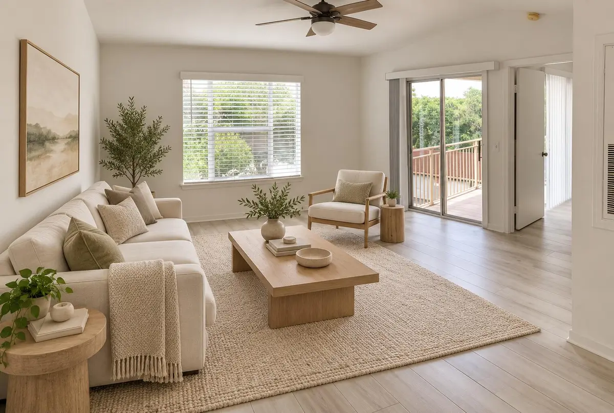 Warm modern living room with balcony at 1760 NE Palm Cove Boulevard 306, Delray Beach