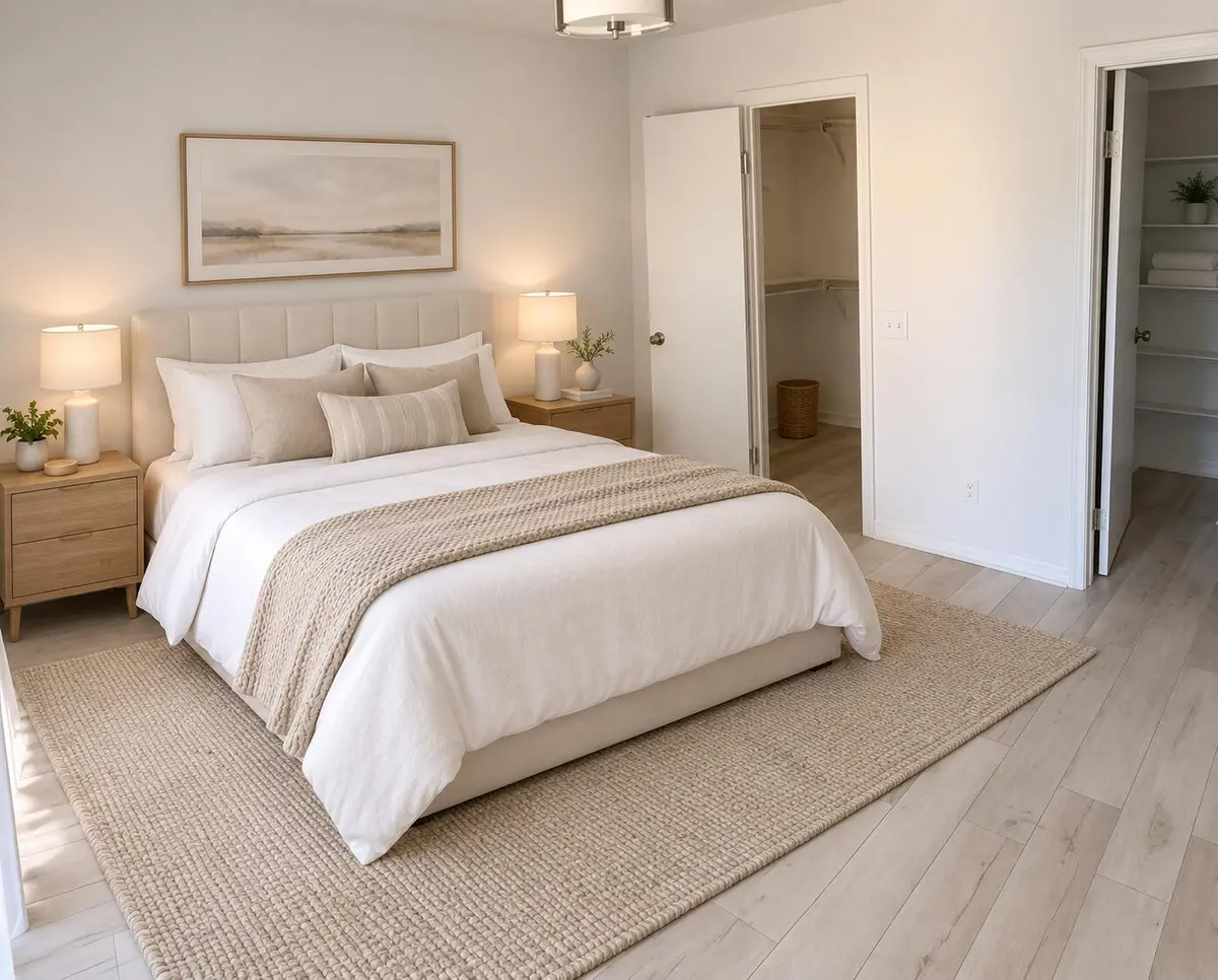 Warm modern bedroom with oak accents at 1760 NE Palm Cove Boulevard 306, Delray Beach