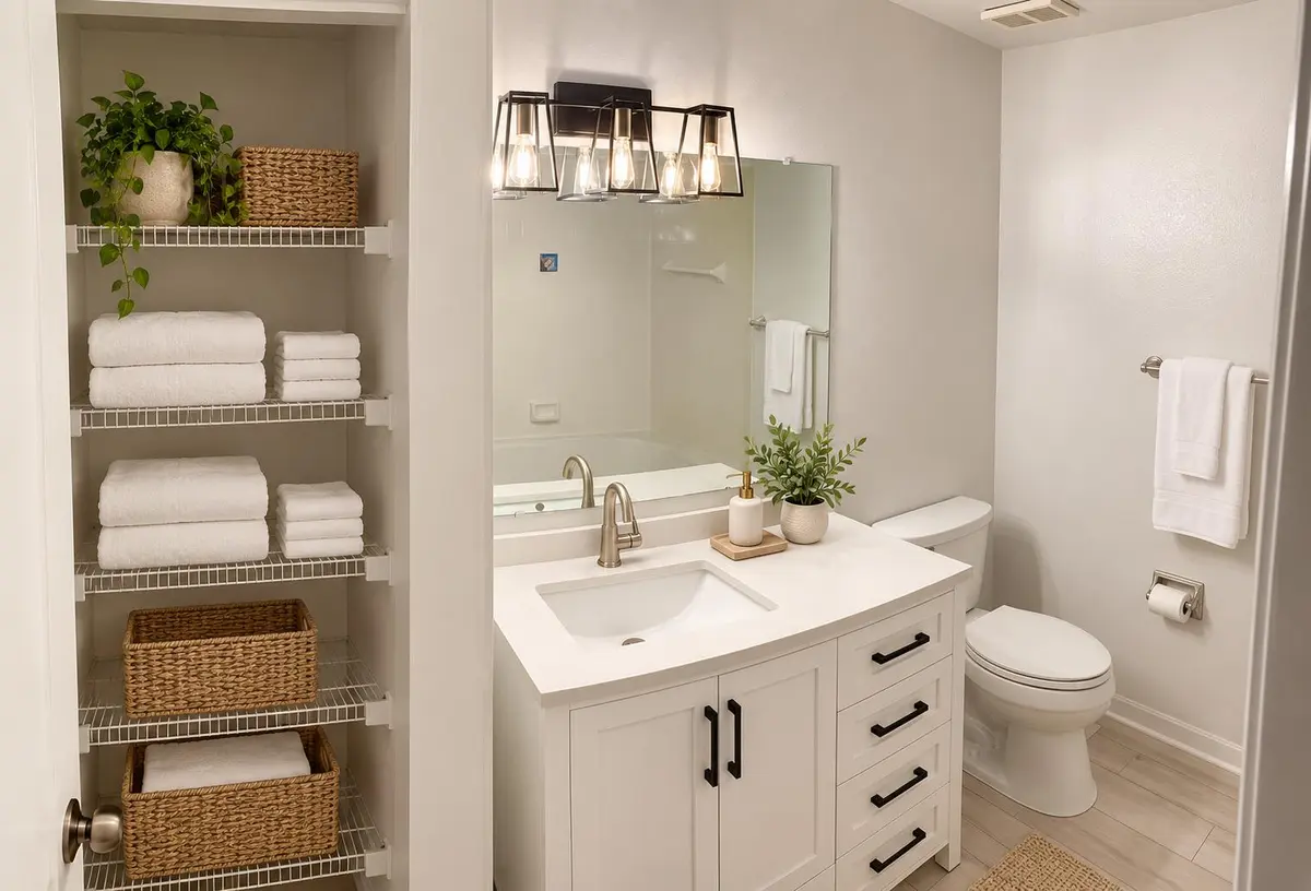 Warm modern bathroom staging at 1760 NE Palm Cove Boulevard 306, Delray Beach