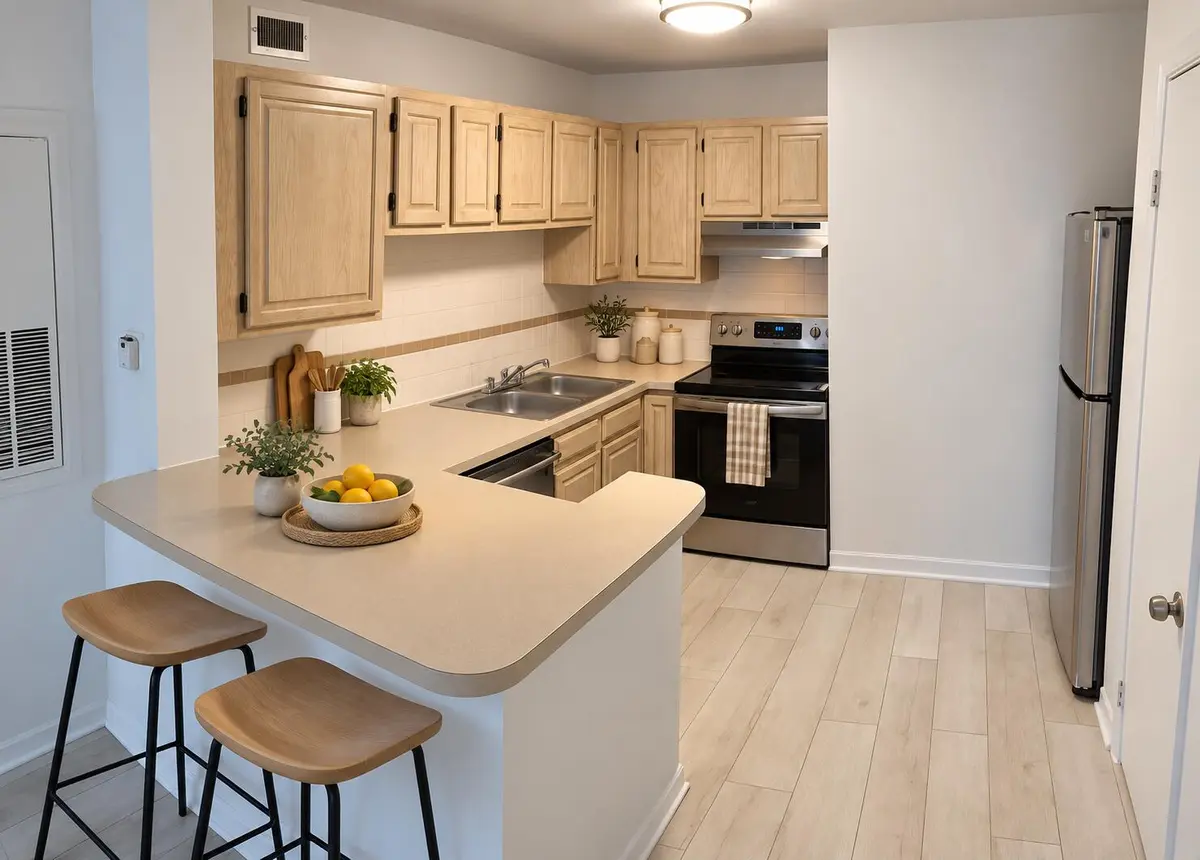 Warm contemporary kitchen staging at 1760 NE Palm Cove Boulevard 306, Delray Beach