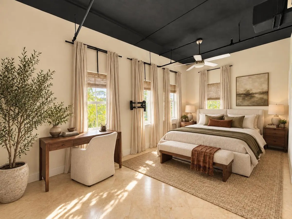 Warm organic modern bedroom redesign at 301 W Atlantic Avenue L10, Delray Beach