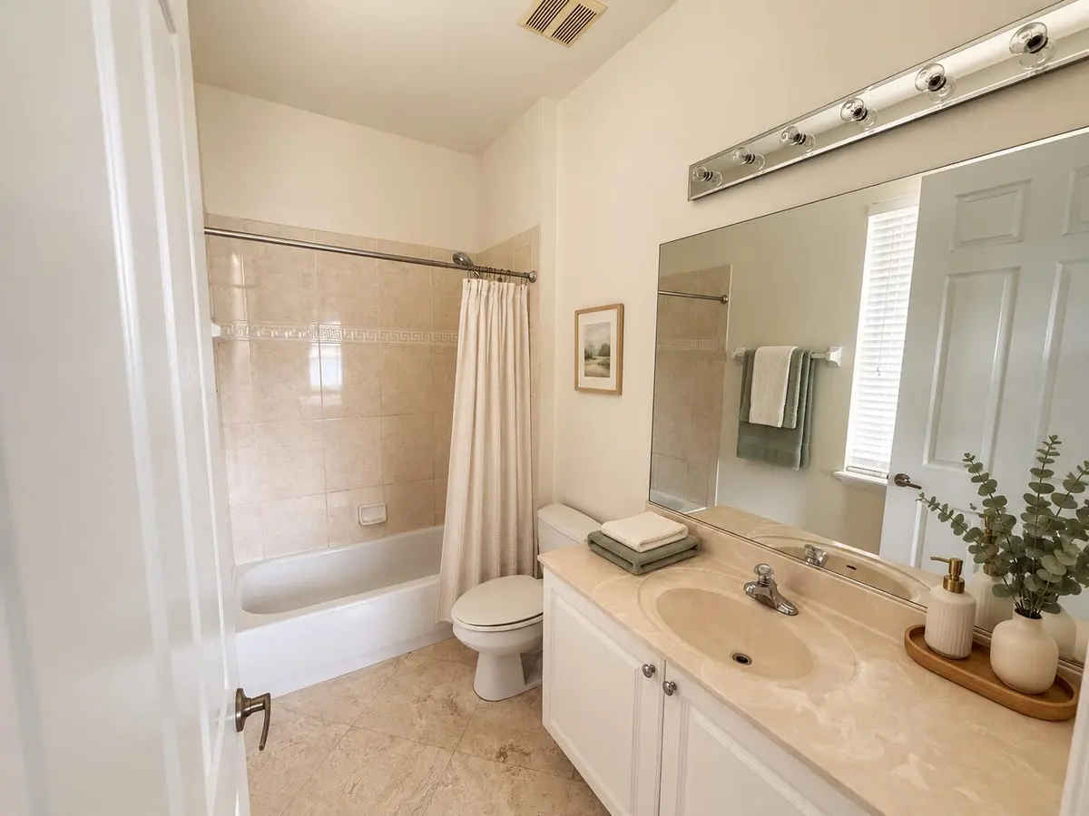 Warm organic modern bathroom refresh at 301 W Atlantic Avenue L10, Delray Beach