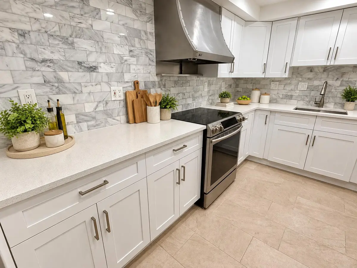 Modern Marble-Tiled Kitchen with Greener at 1655 NE 115TH Street 10B, Miami
