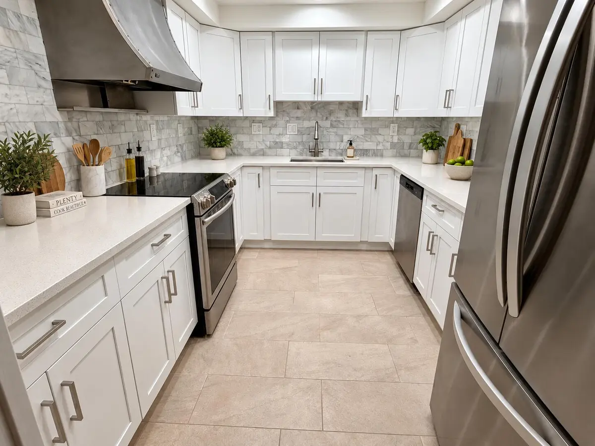 Staged Contemporary White and Gray Kitch at 1655 NE 115TH Street 10B, Miami