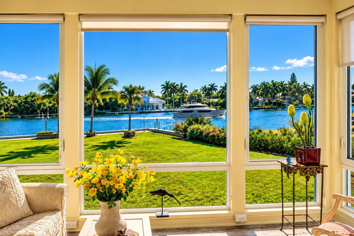 Florida room overlooking a passing yacht at 20 COLONIAL CLUB Drive 200, Boynton Beach