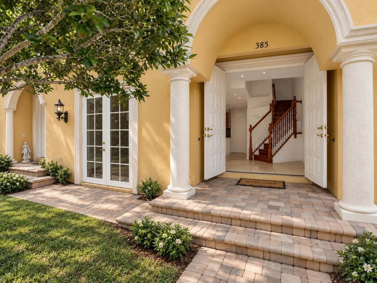 xHome Entrance with Lush Landscaping at 385 NE 69TH Circle, Boca Raton