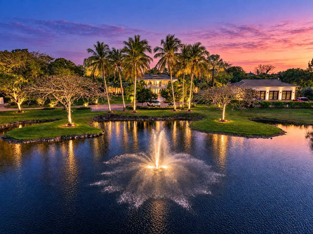 Twilight estate with glowing fountains at 13920 Stirling Road, Southwest Ranches