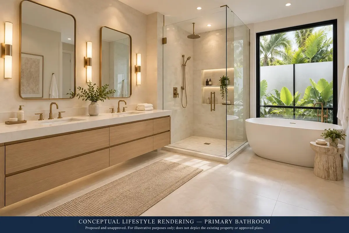 Warm Oak and Brass Primary Bath at , Fort Lauderdale