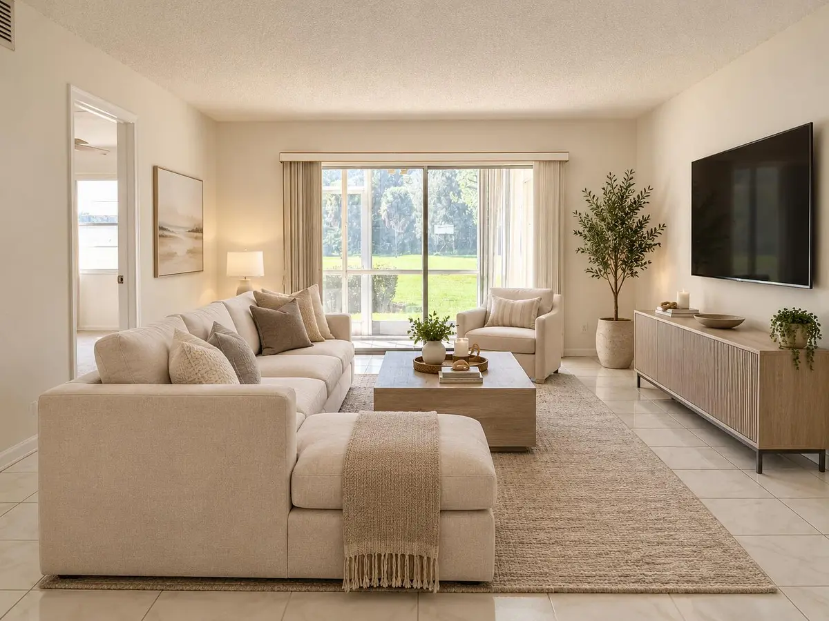 Living room staged with AI at 12500 SW 6TH Street 110N, Pembroke Pines