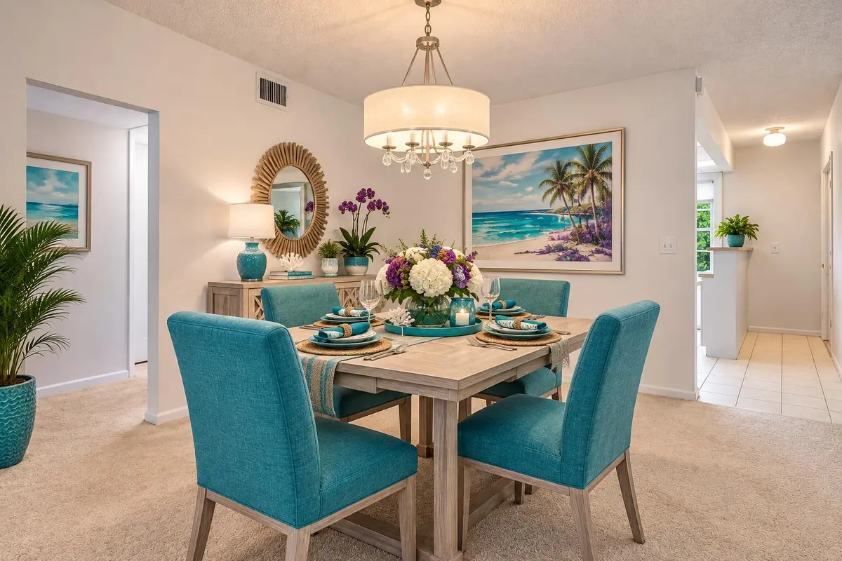 Elegant Coastal Dining Room in Teal and at 3002 Portofino Isle M3, Coconut Creek