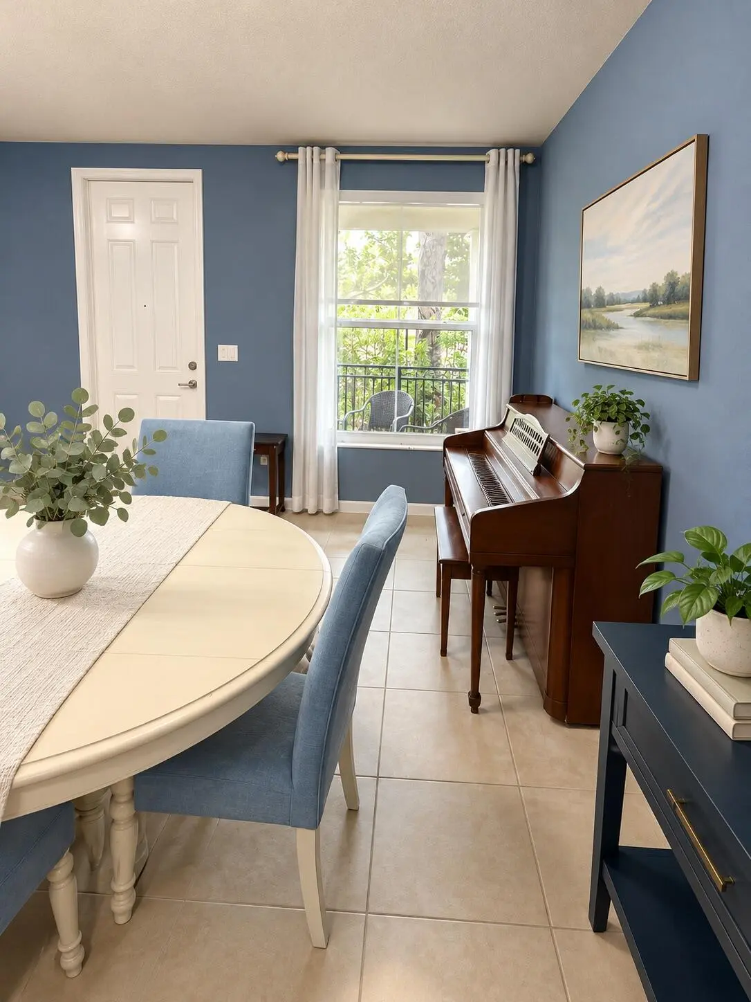 Refined blue dining room with piano at 4618 Monarch Way, Coconut Creek