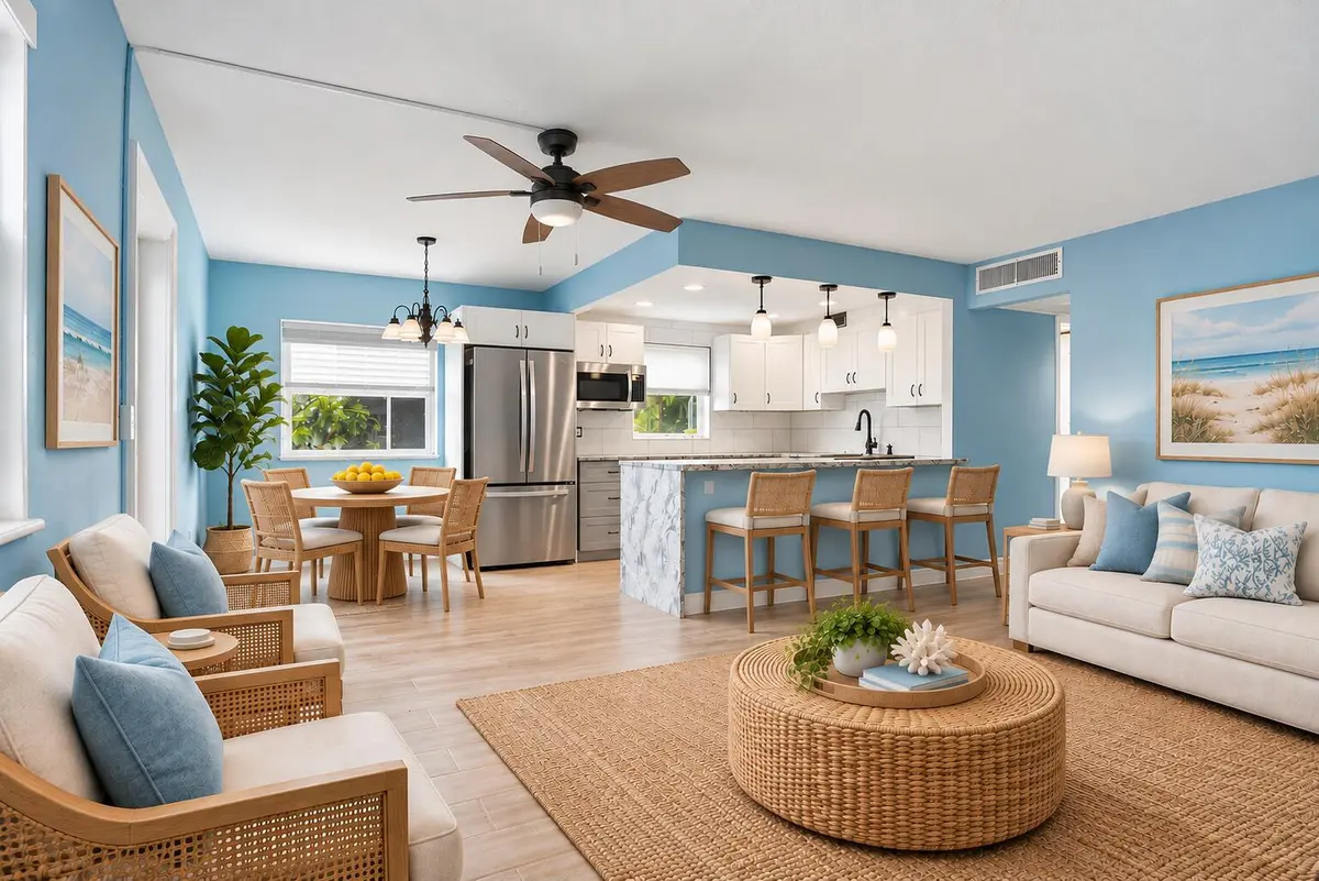 STAGED living and dining at 220 Tuscany D, Delray Beach