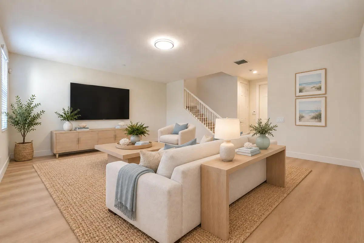 downstairs living room staged at 3416 W Community Drive, Jupiter