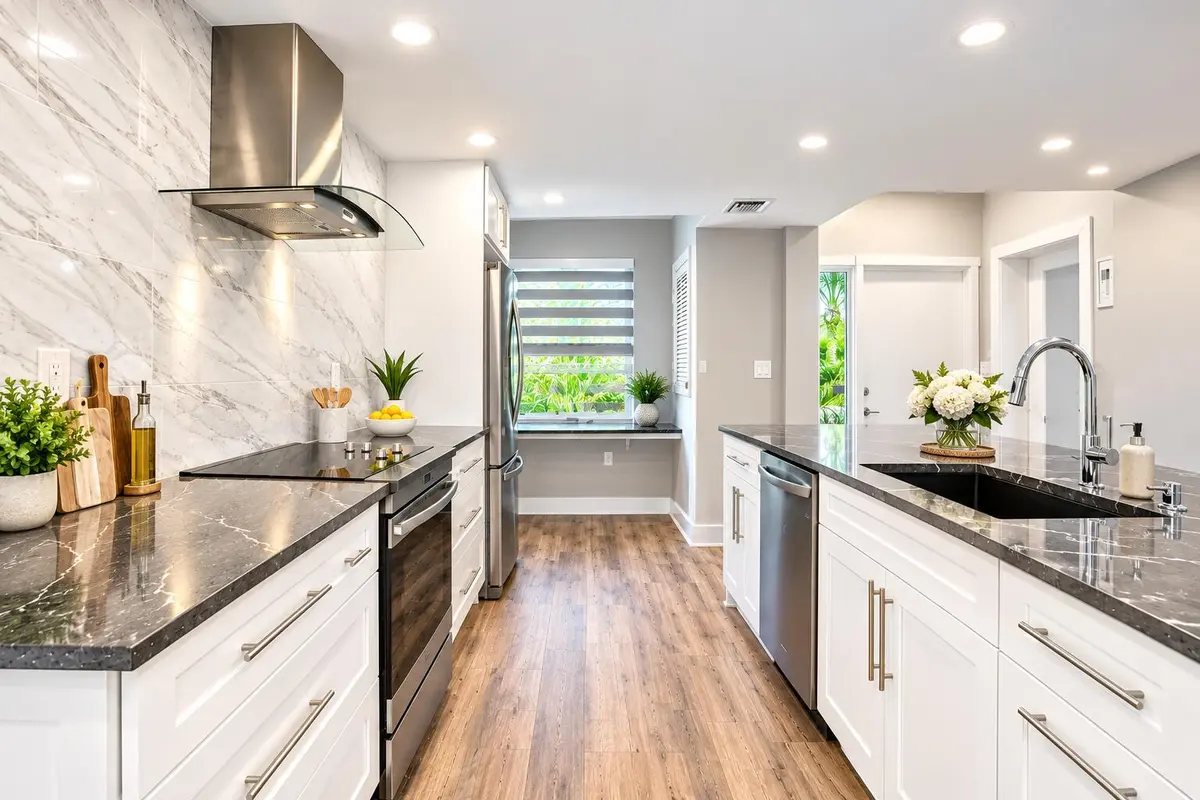 Bright Modern Marble Kitchen with Island at 730 GREENSWARD Court 108-J, Delray Beach