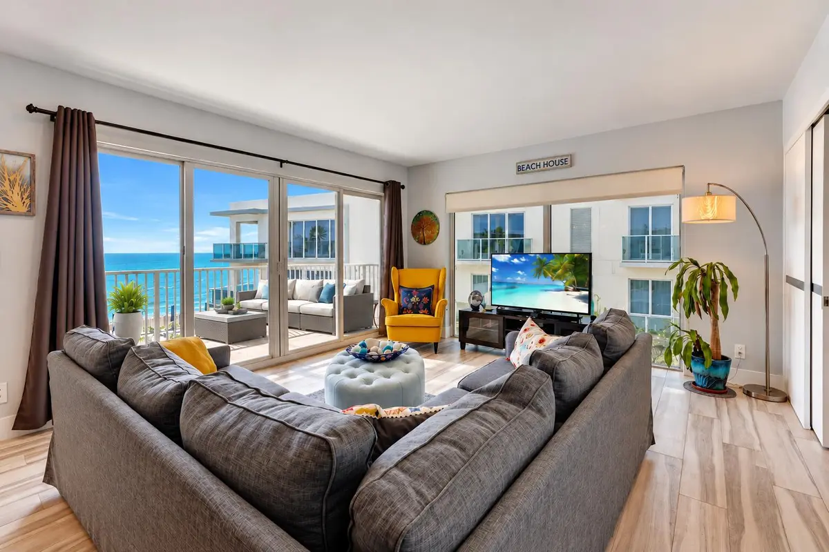 Coastal Condo Living Room with Ocean Vie at 1203 Hillsboro Mile P2, Hillsboro Beach