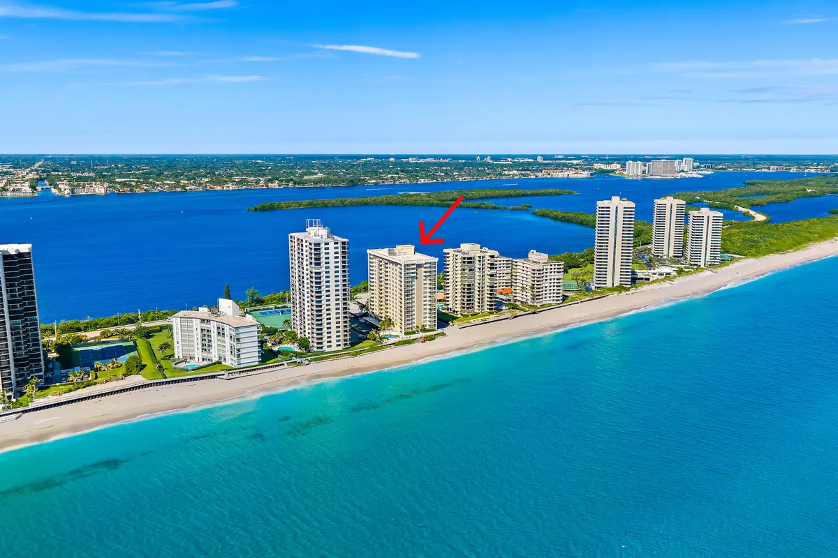Aquarius Aerial with arrow distance at 5440 N OCEAN Drive PH205, Singer Island