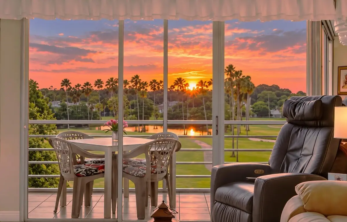 Sunset Lanai Living Room at 3871 Via Poinciana 407, Lake Worth