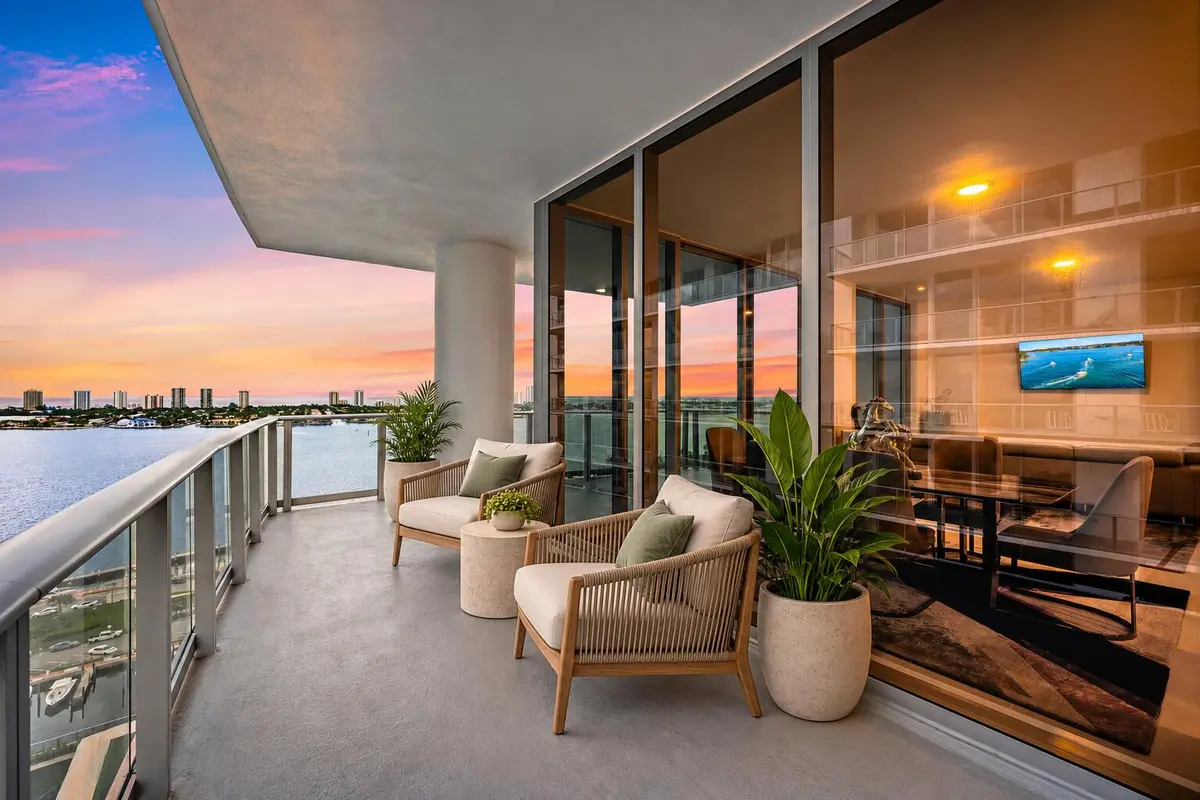 Virtually Staged Covered Balcony at 220 Lake Shore Drive 1802, Lake Park