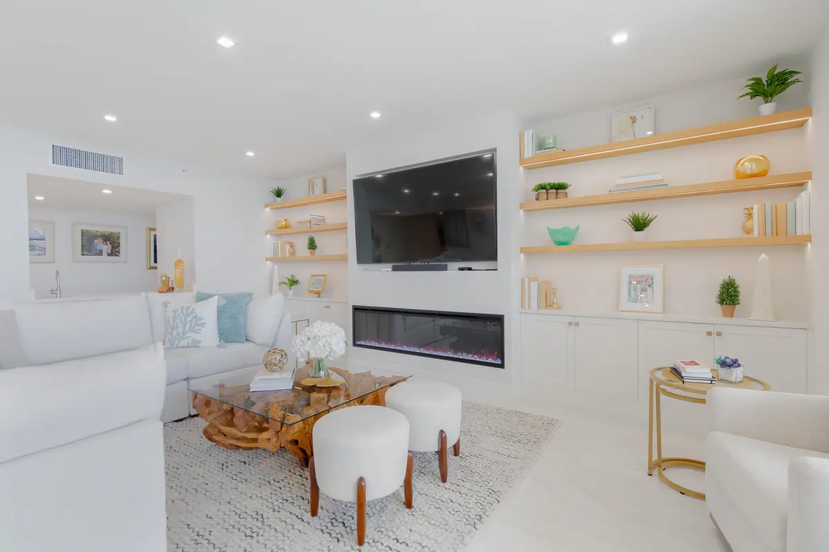 Living Room Recessed TV & FP at 100 Lakeshore Drive 1954, North Palm Beach