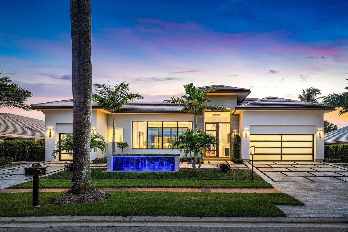 Front of Home w Fountain at 17615 Foxborough Lane, Boca Raton