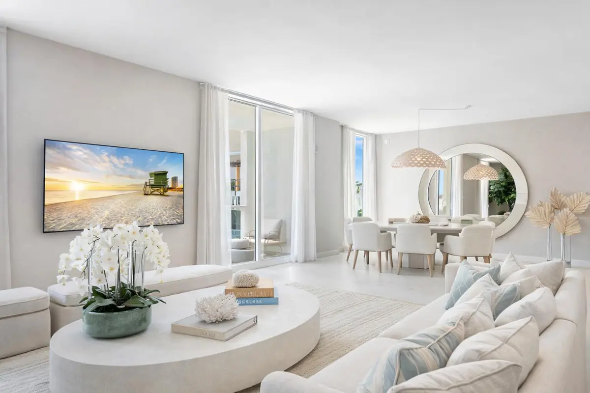 Great Room Virtually staged great room at 210 SE Mizner Boulevard 603, Boca Raton