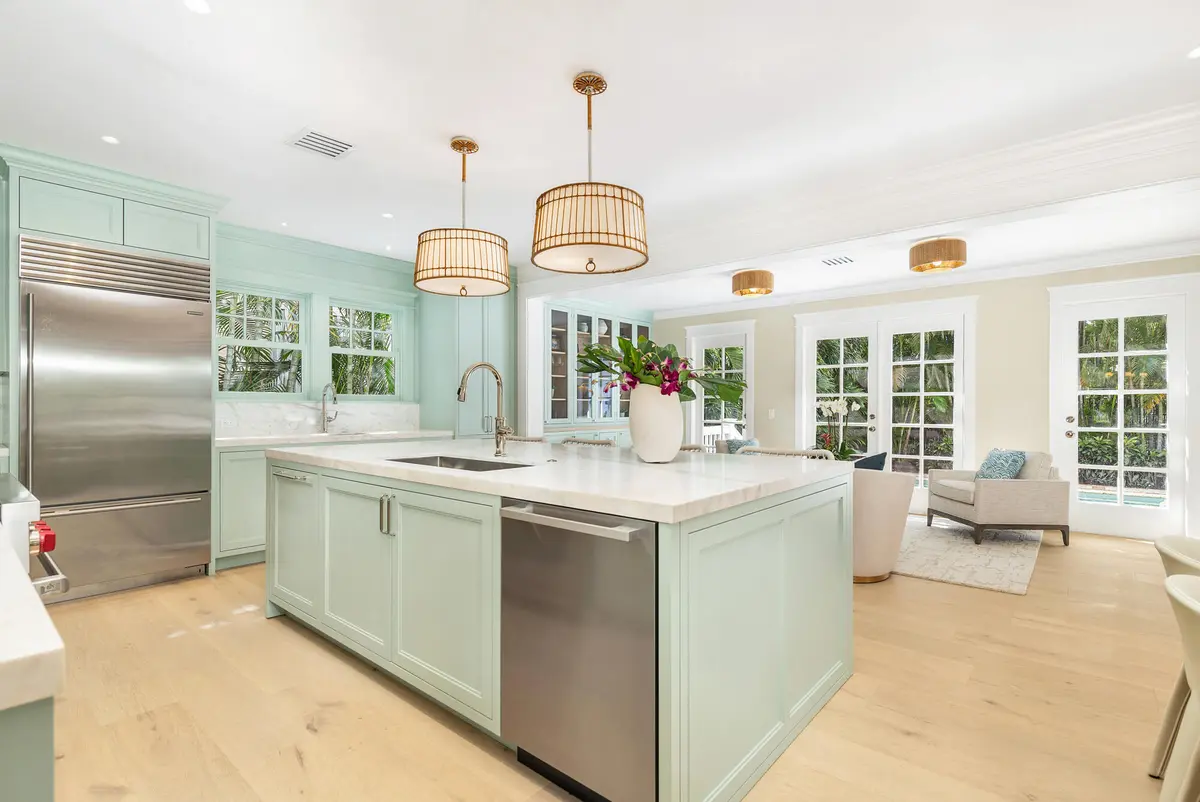 Kitchen and Family Room at 142 Seabreeze Avenue, Palm Beach