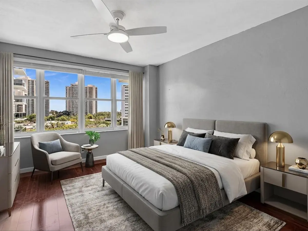 Staged bedroom at 3300 NE 36th Street 820, Fort Lauderdale