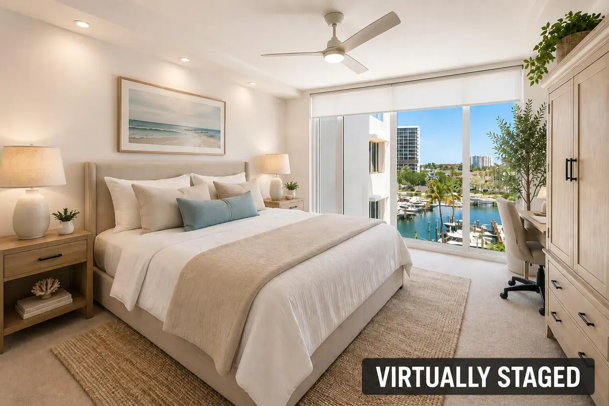 virtual staged bedroom at 4750 S Ocean Boulevard 512, Highland Beach