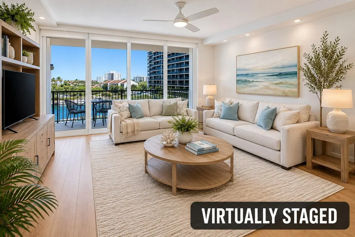 virtual staged living room at 4750 S Ocean Boulevard 512, Highland Beach