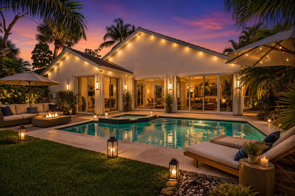 Patio virtually staged at night at 1500 Lacosta Drive, Pembroke Pines