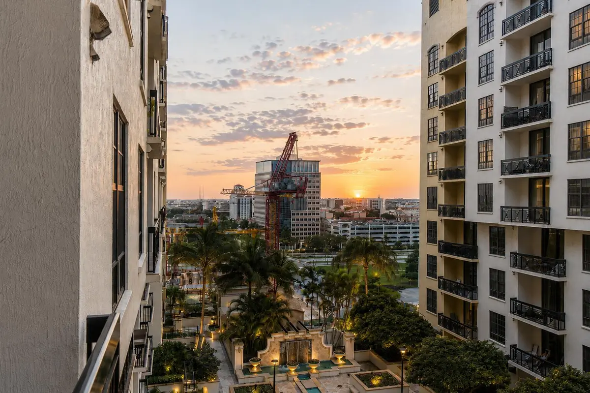 Balcony w/ Sunset City & Fountain Views at 801 S Olive Avenue 1119, West Palm Beach