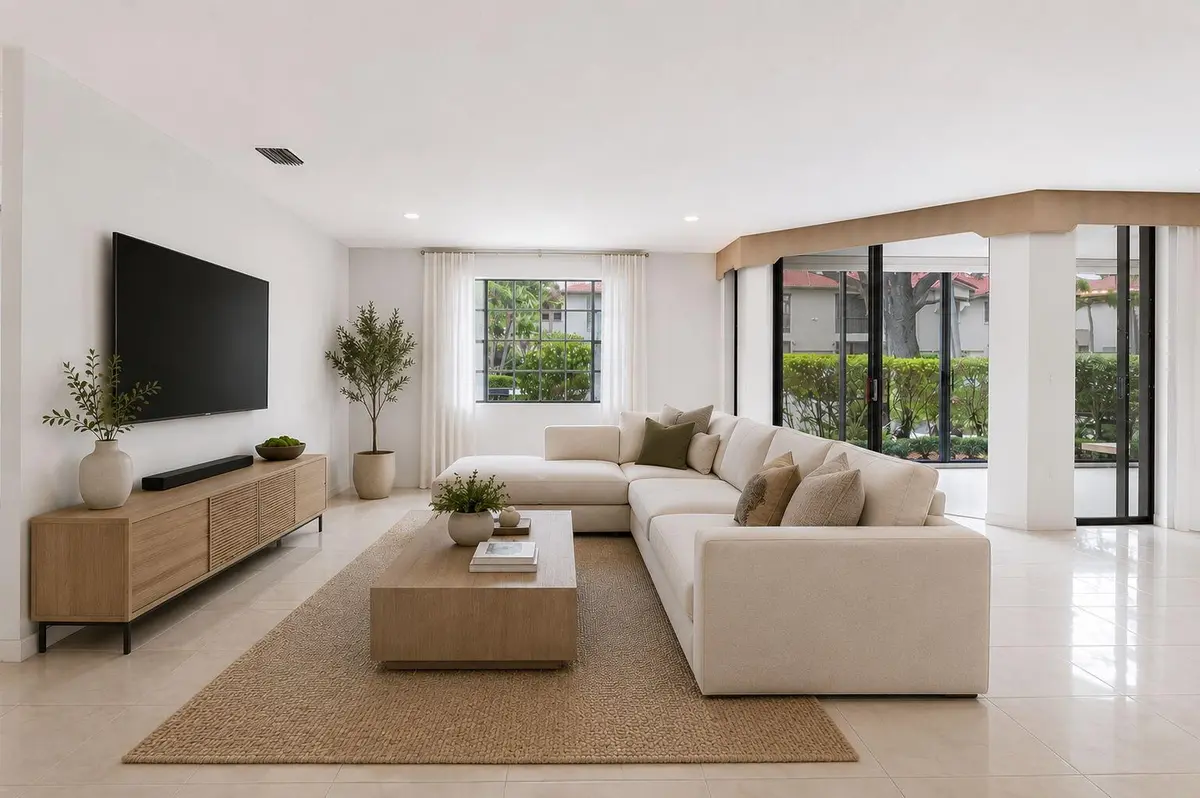 Virtually Staged Living Room at 5187 Europa Drive F, Boynton Beach