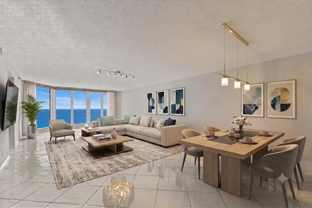 Living Room/Dining Room Virtual staged at 3600 S Ocean Boulevard 203, South Palm Beach