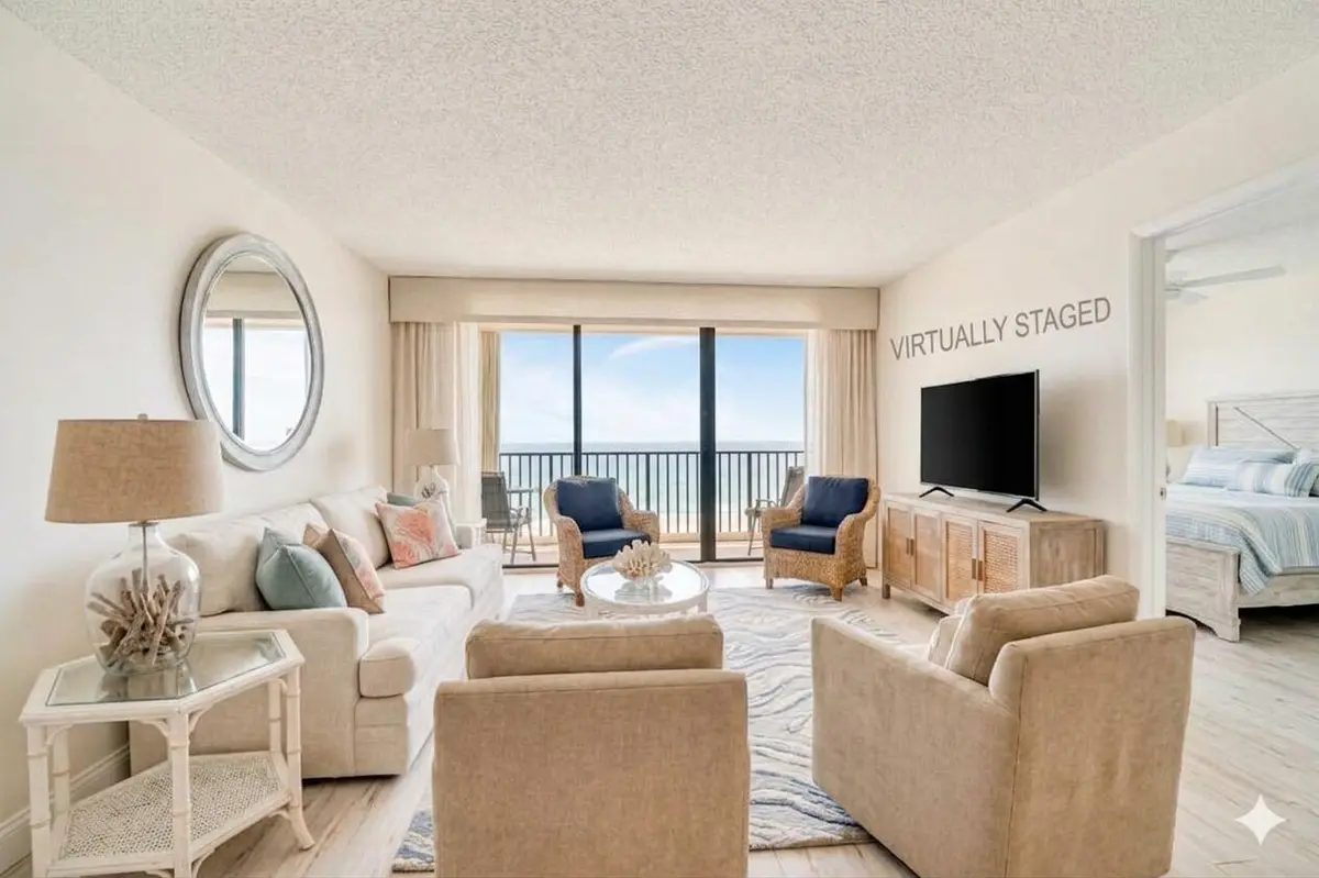 virtually staged living room at 300 Ocean Trail Way 1008, Jupiter
