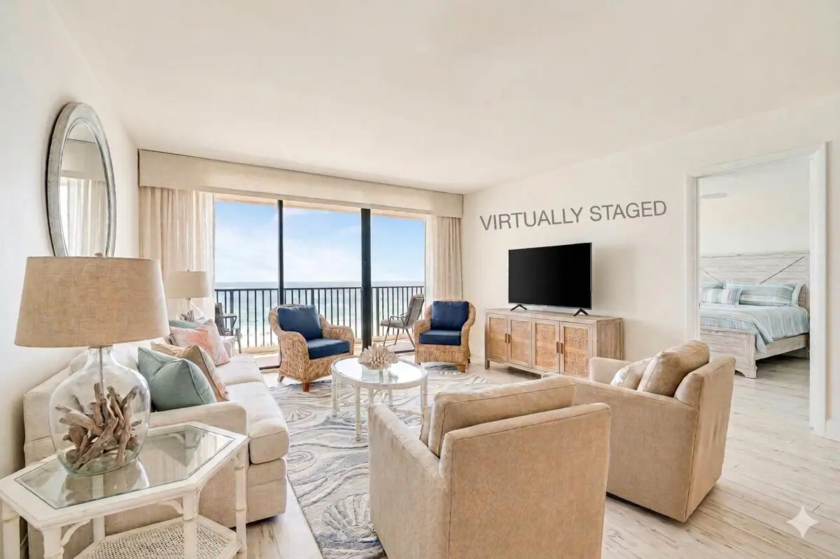 virtually staged living room at 300 Ocean Trail Way 1008, Jupiter