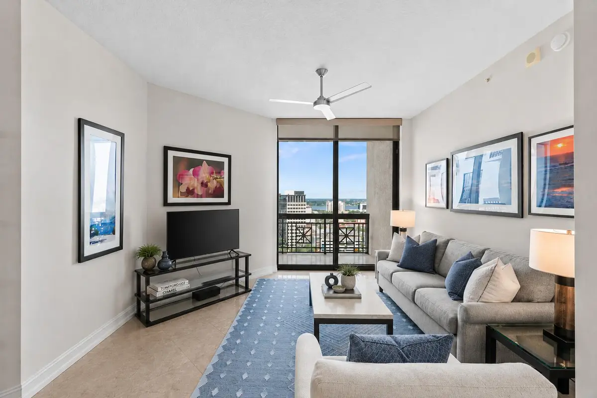 Clear Lake Sunset View Living Room at 701 S OLIVE Avenue 1817, West Palm Beach