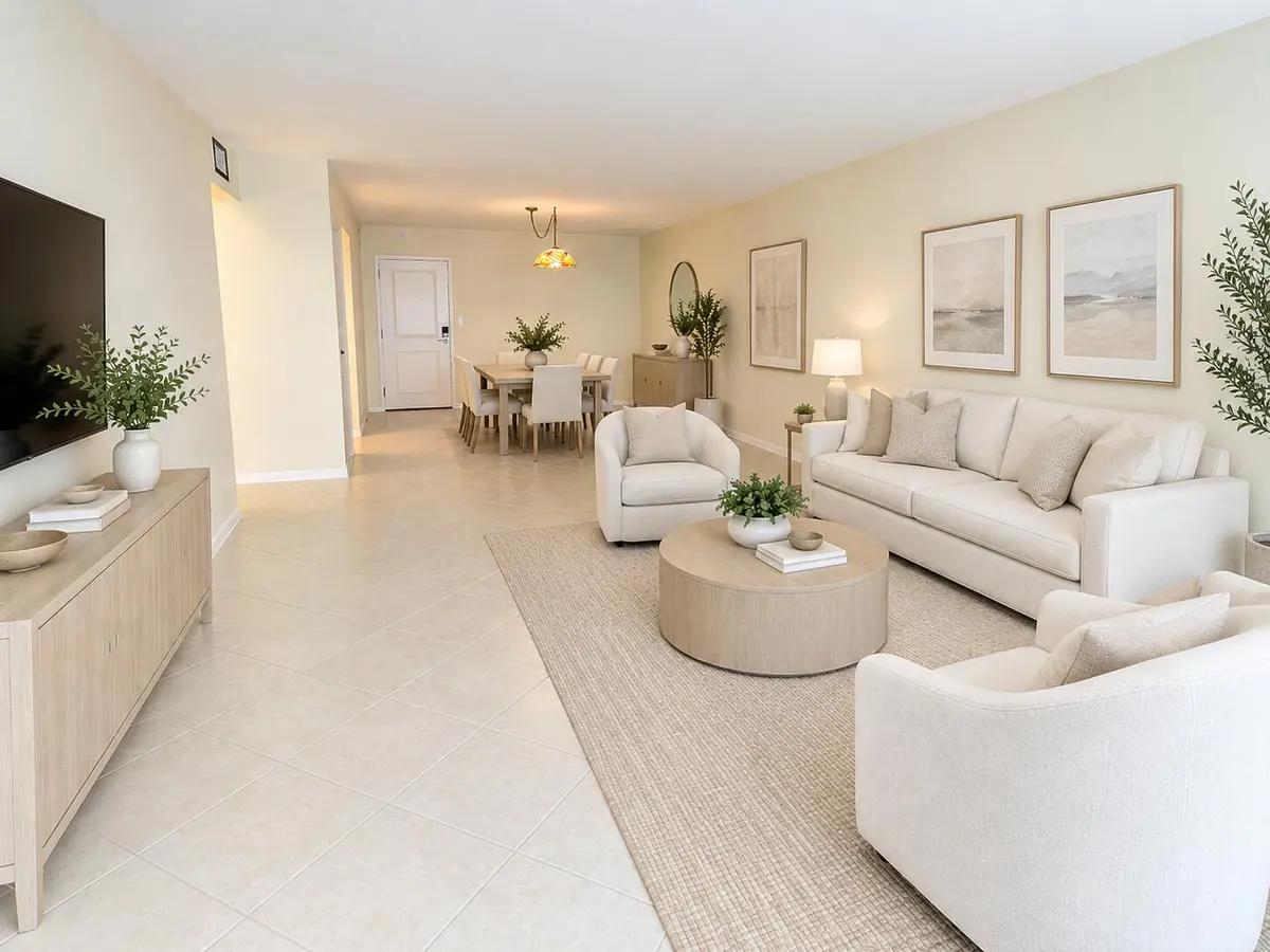 Living Room Virtually Staged at 1800 S Ocean Boulevard 1203, Pompano Beach